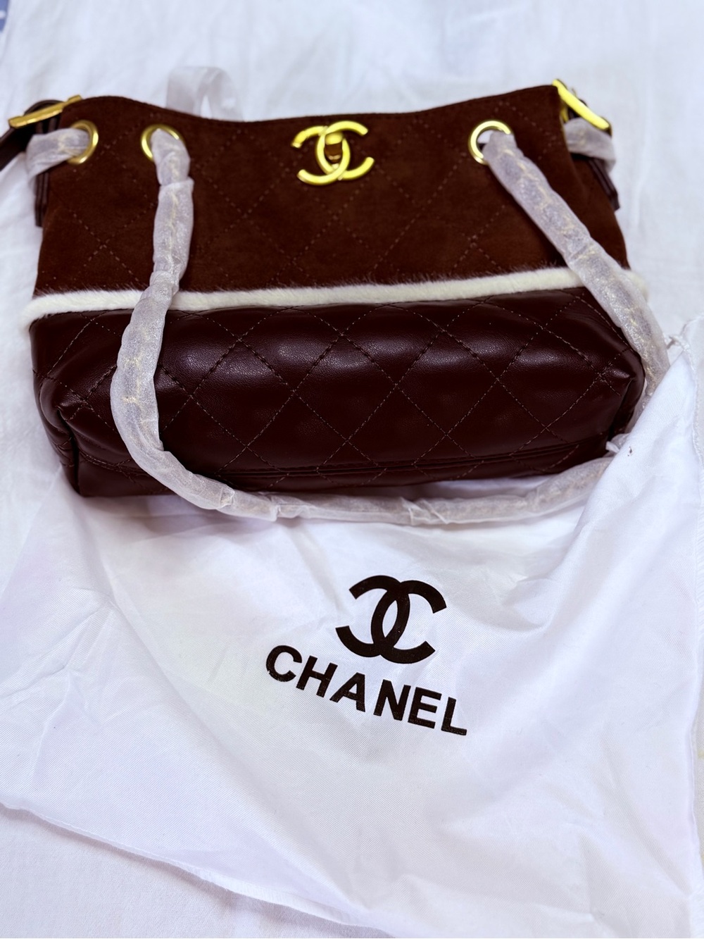 Chocolate Brown Quilted Shoulder Bag with Gold Hardware